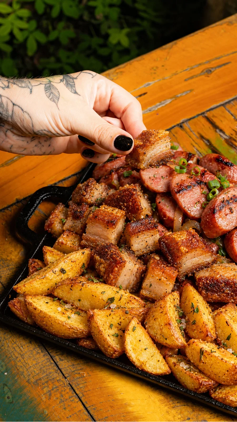 Trio Alemão: schüblig, panceta e batata rústica servidos na tábua